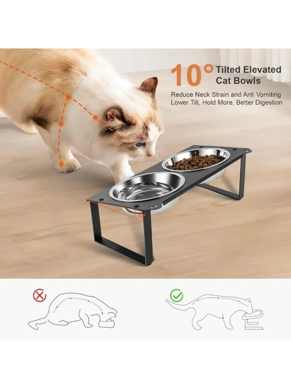 Elevated Cat Food & Water Bowls Set - 4 Stainless Steel Dishes with Cute Stand